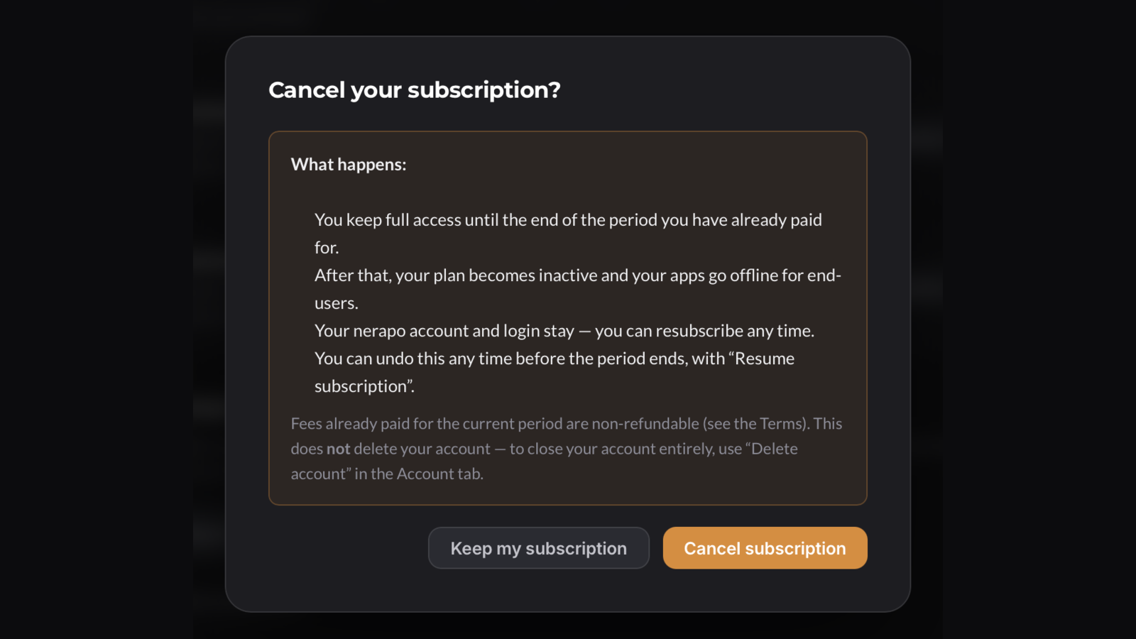nerapo - Cancel (in-dashboard, alternative to the Portal) Cancel subscription modal