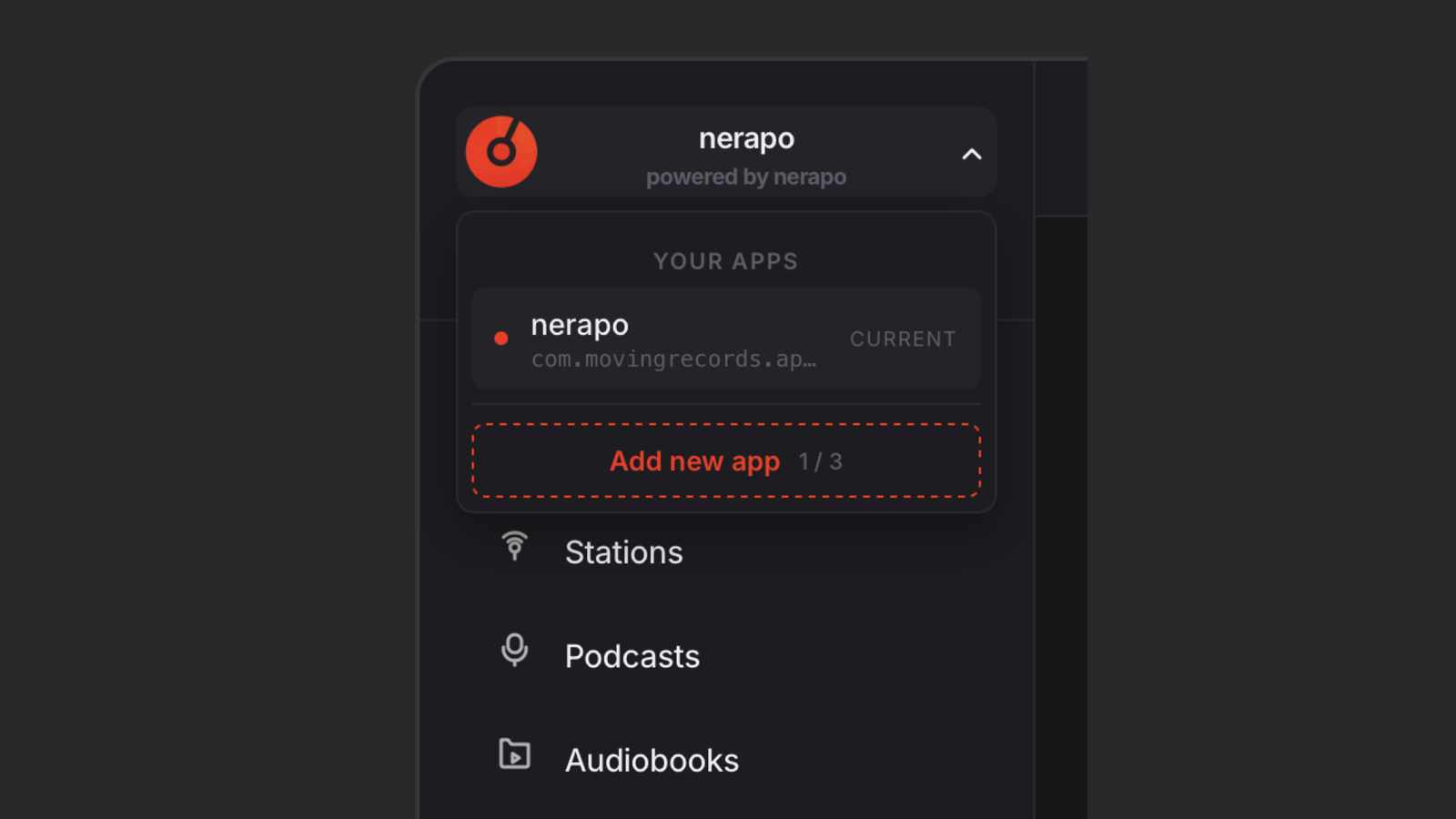 nerapo - App switcher (top-left) App switcher dropdown showing active and archived apps