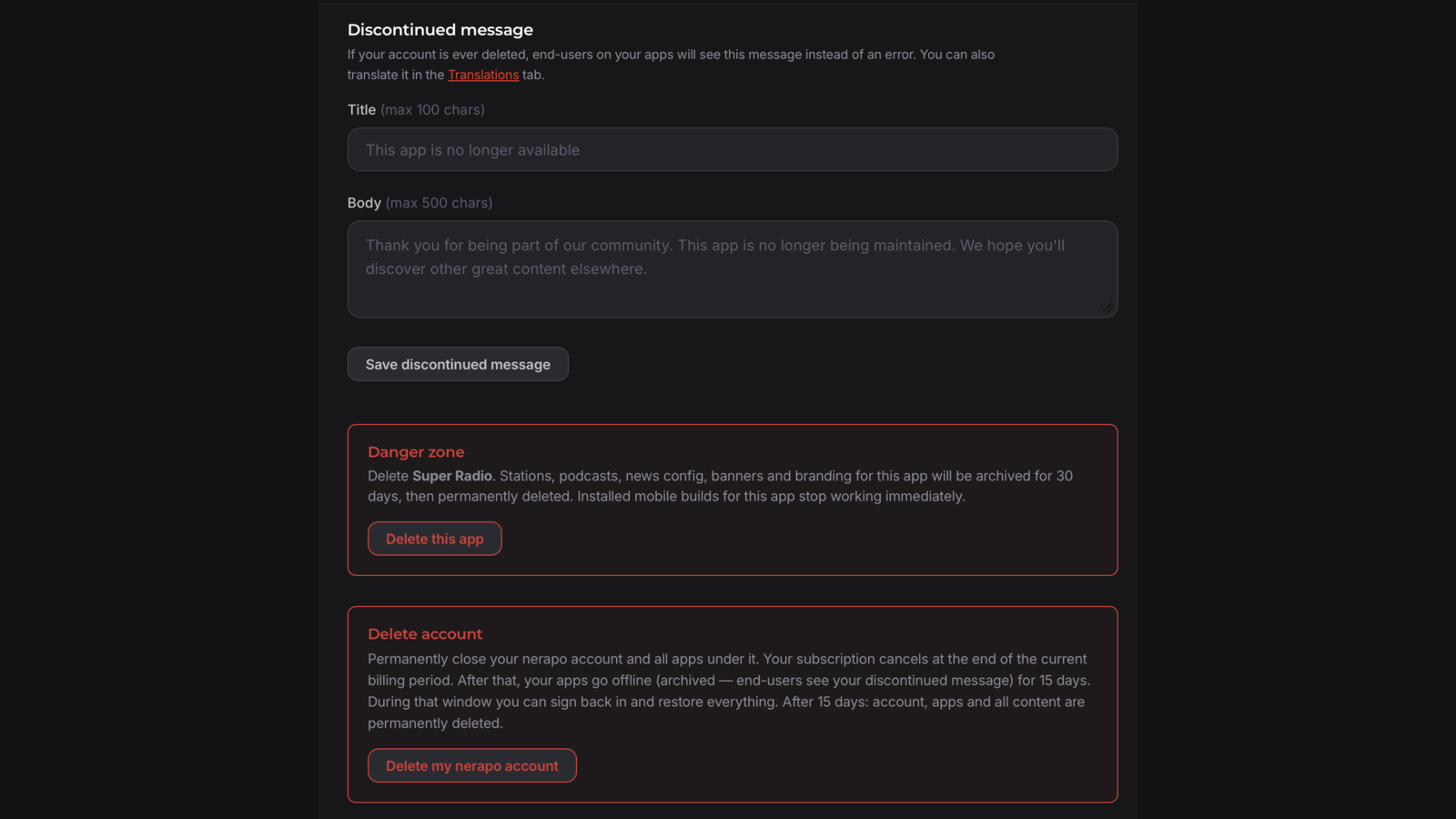 nerapo - Archive vs delete Account page Danger zone showing archive and delete options