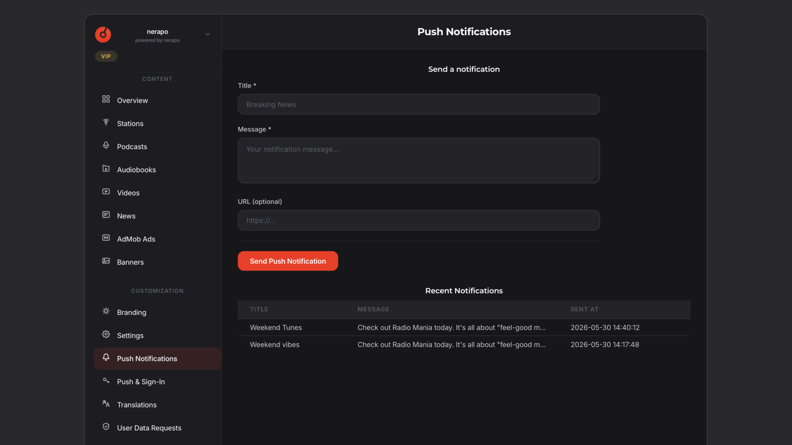 nerapo - Reach your listeners — push, banners, custom tabs Push Notifications compose form