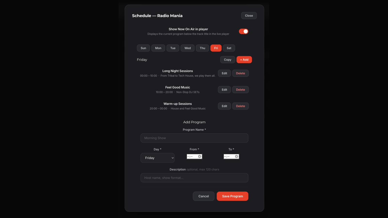 nerapo - Add your own schedule on each radio station Schedule modal with day tabs and the Now On Air toggle