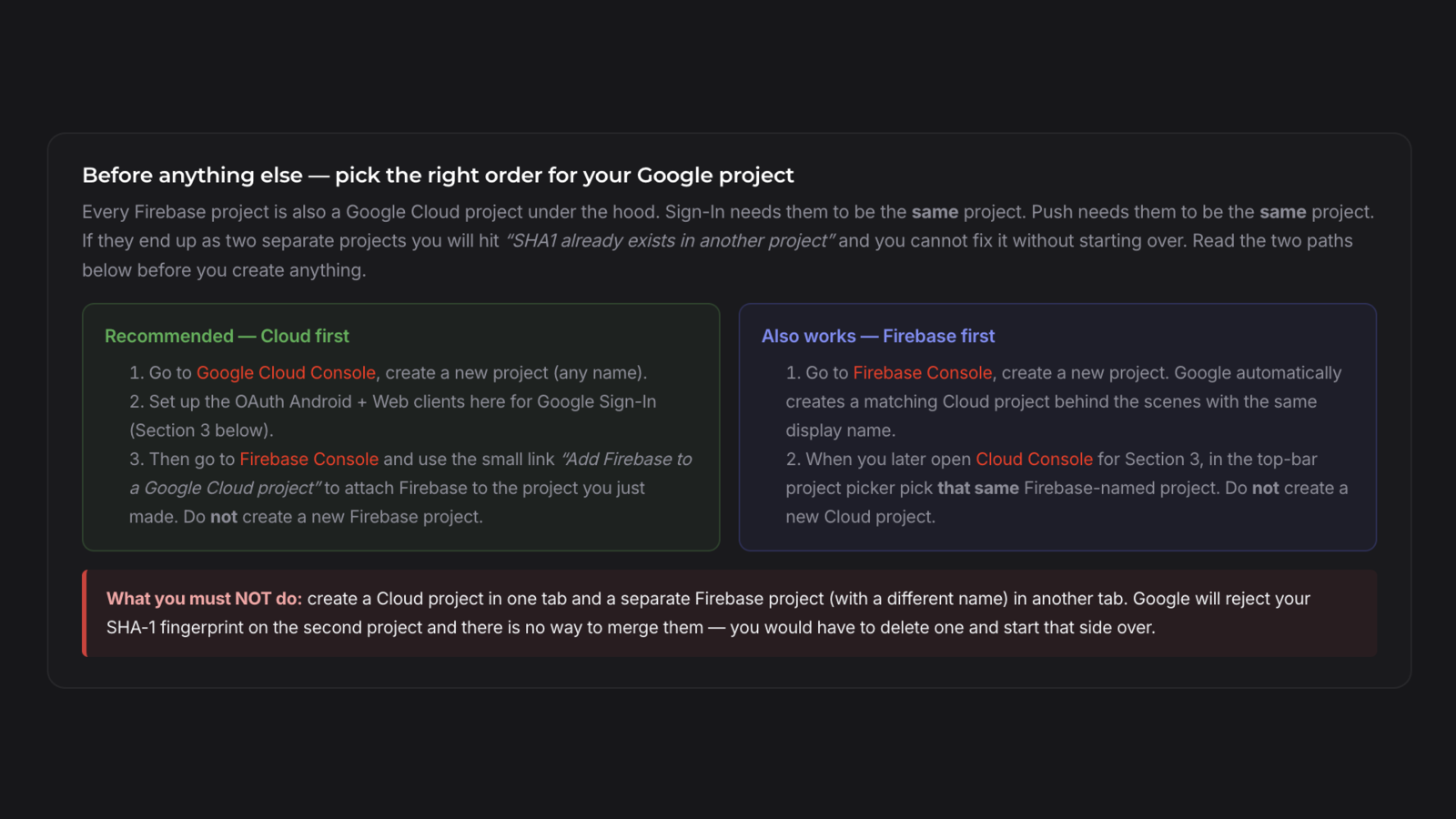 nerapo - Google & Firebase Projects Section 1 with the project-relationship guidance panels