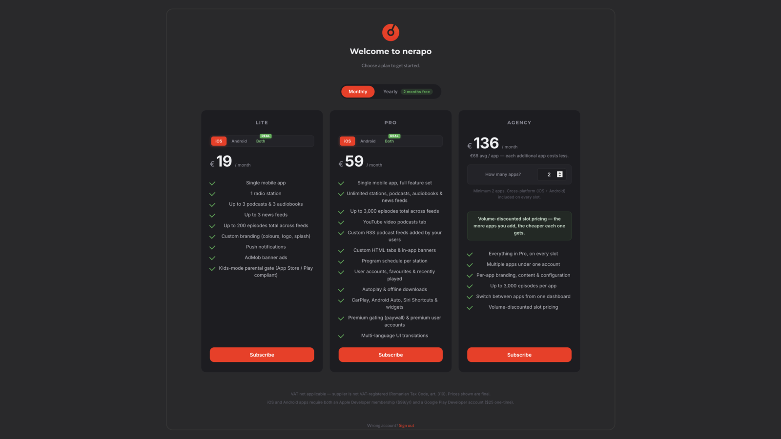 nerapo - Pricing The pricing page with platform and billing cycle toggles