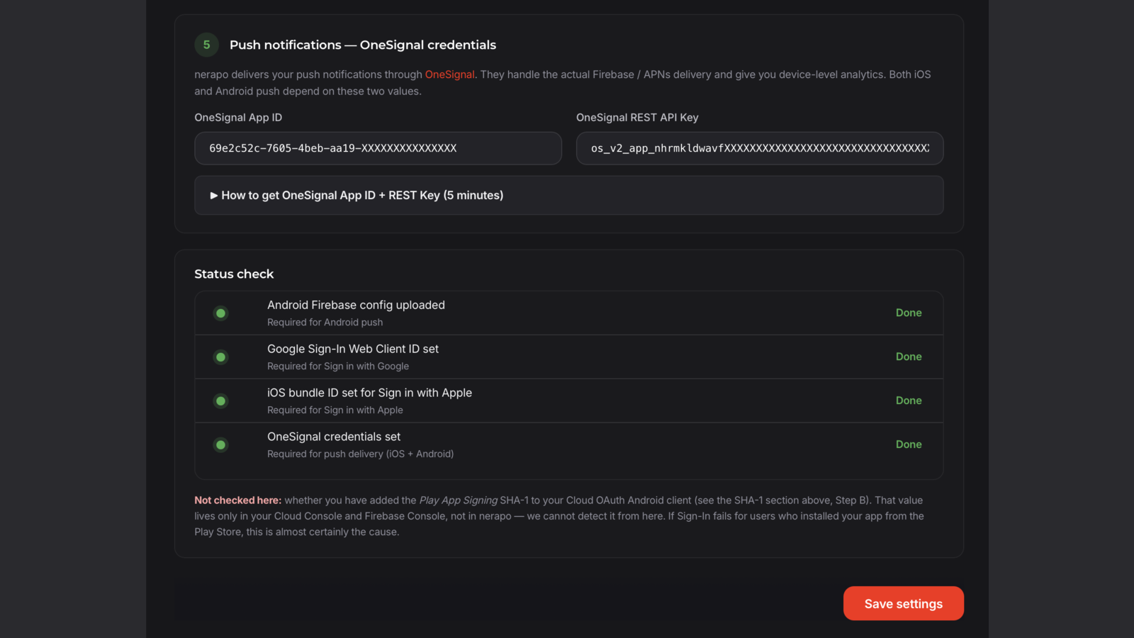 nerapo - 5Copy App ID + REST API Key back to nerapo OneSignal Keys & IDs page