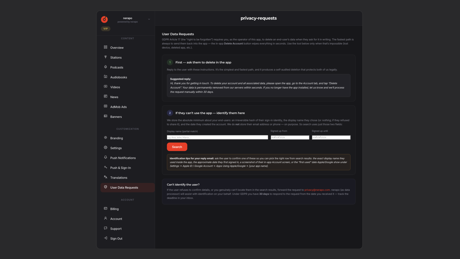 nerapo - Where User Data Requests lives The User Data Requests page with the three numbered cards
