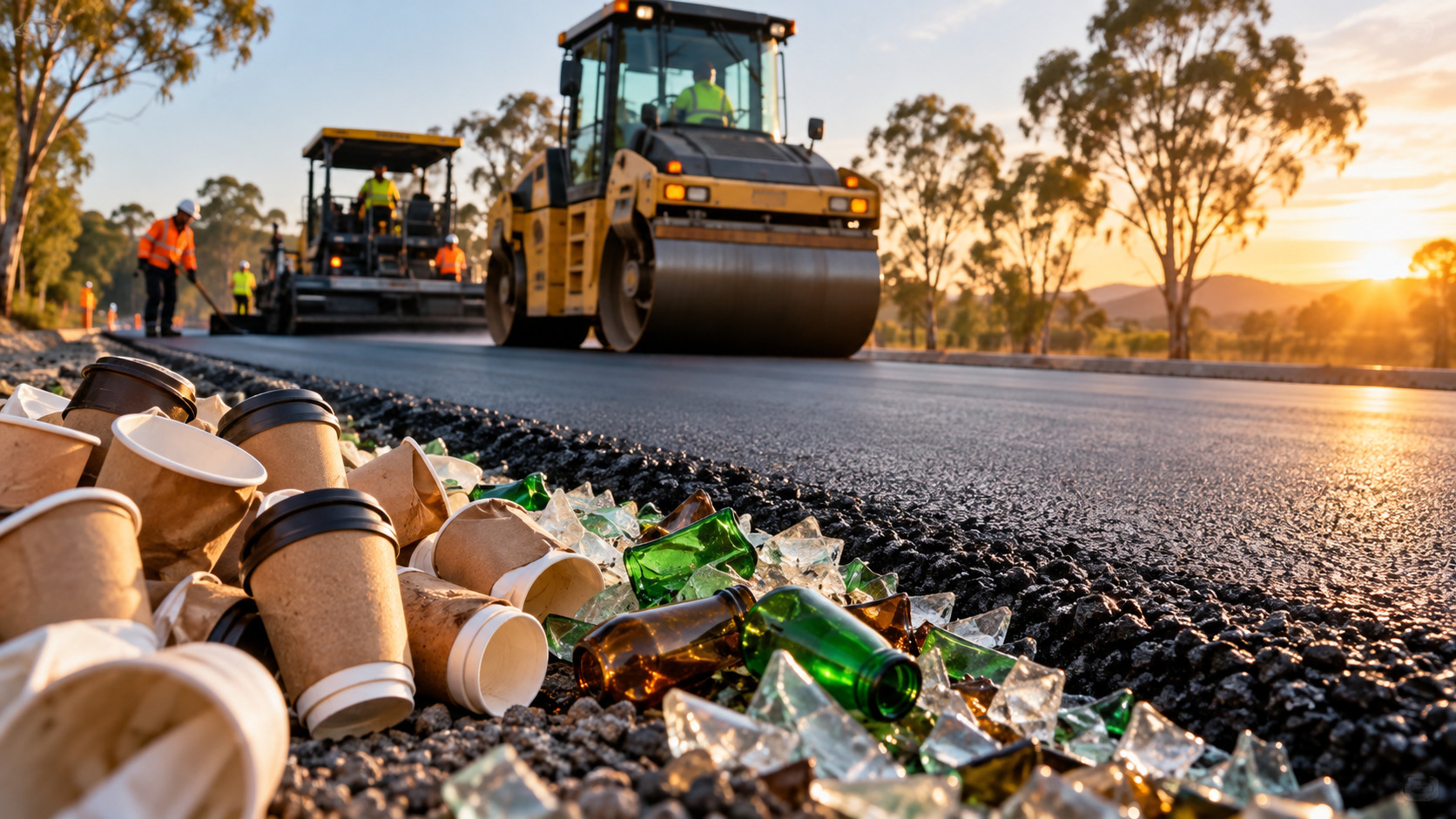 Deșeurile care ajung sub roțile mașinilor: aproape 136.000 de pahare de cafea și peste 1,2 milioane de sticle transformate în drumuri în Australia